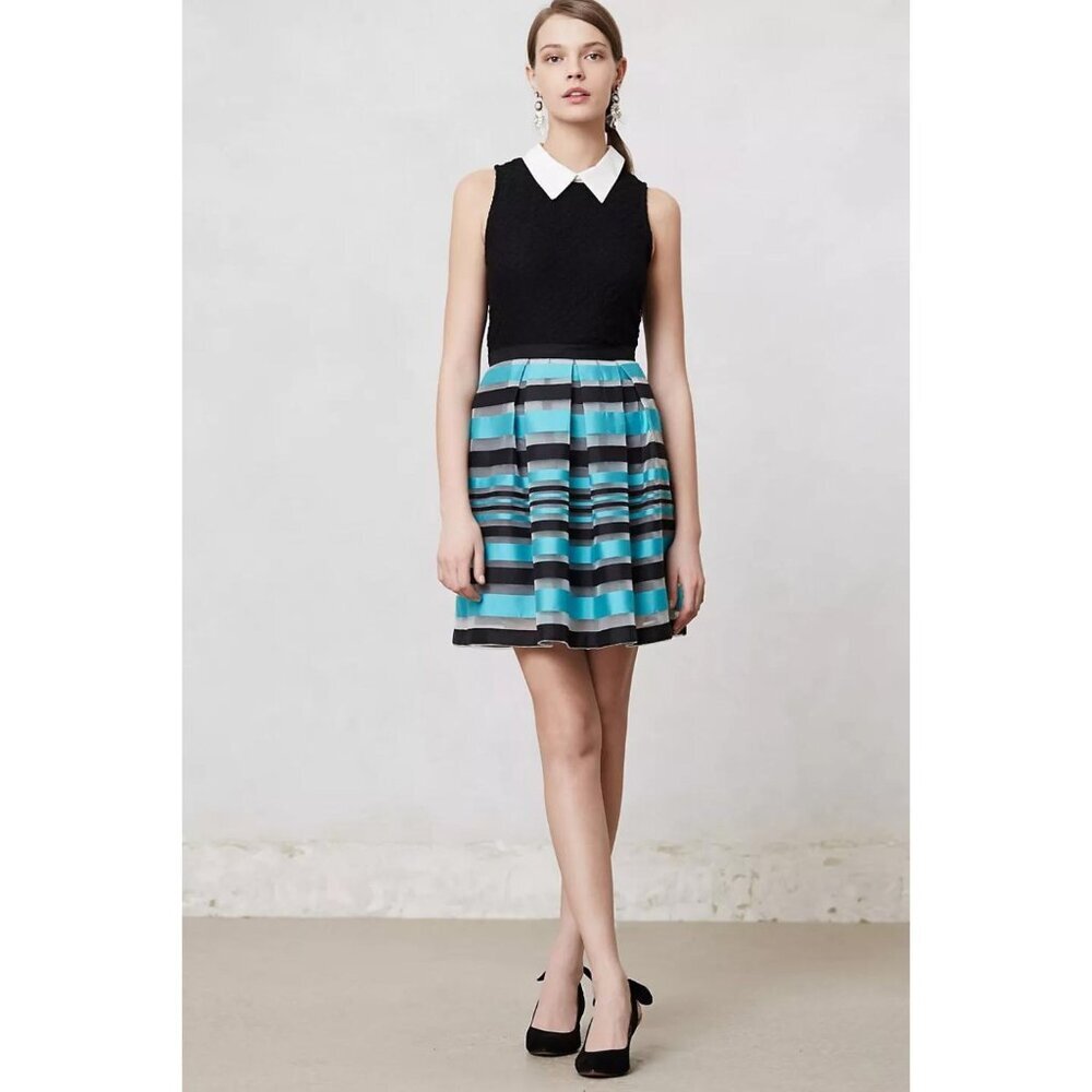 Eva Franco Anthropologie Teal Ribbon Stripe Chiffon Pleated Mini Skirt